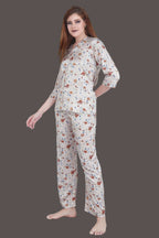 Velure Vintage Floral Print Satin Night Suit - Velure - - 3/4 Sleeves, Abstract Print, Collar Neck, Front Button Open, Full Length Pant, Satin