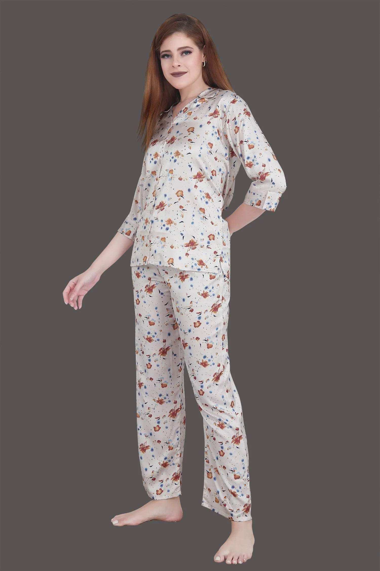 Velure Vintage Floral Print Satin Night Suit - Velure - - 3/4 Sleeves, Abstract Print, Collar Neck, Front Button Open, Full Length Pant, Satin