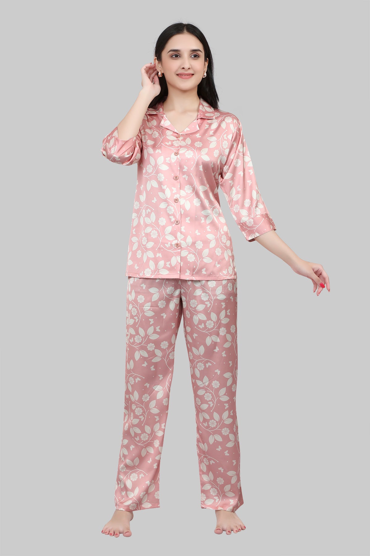 Velure Soothing Floral Print Satin Night Suit - Velure, Shirt and Pant, Upgrade your sleepwear selection with the Velure Soothing Floral Print Satin Night Suit. Made from high-quality satin material, this night suit provides a luxurious and comforting feel against your skin. The polka dot pattern adds an attractive touch. It effortlessly blends style and coziness, earning a spot in your sleepwear lineup.