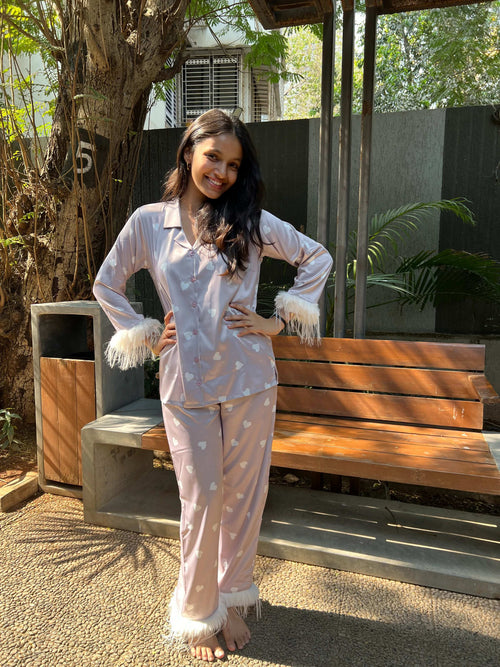 Velure Brown Heart Printed Fur Satin Night Suit - Velure - - Front Button Open, Full Length Pant, Fur, Satin