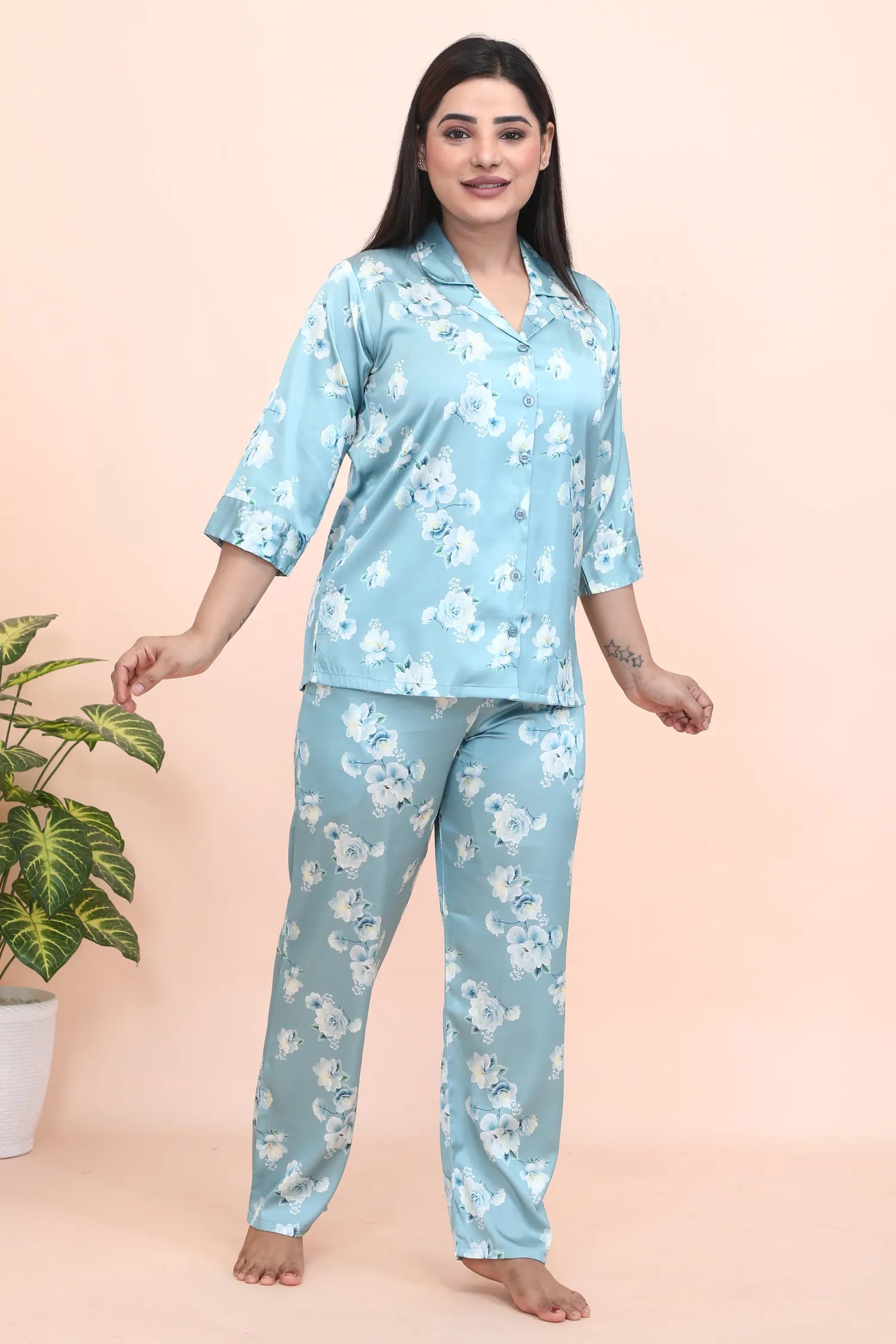 Velure Appealing Floral Print Night Suit - Velure - - 3/4 Sleeves, Collar Neck, Front Button Open, Full Length Pant, Satin