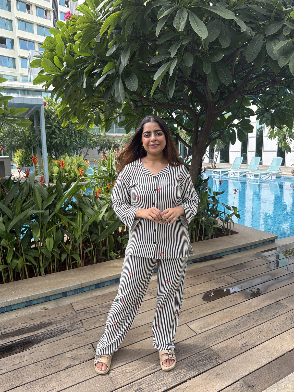 Velure Midnight Bow & Stripe Night Suit