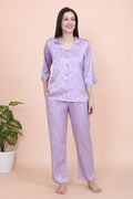 Velure Lavender Casual Polka Dot Satin Night Suit - Velure - - 3/4 Sleeves, Collar Neck, Front Button Open, Full Length Pant, Printed, Satin