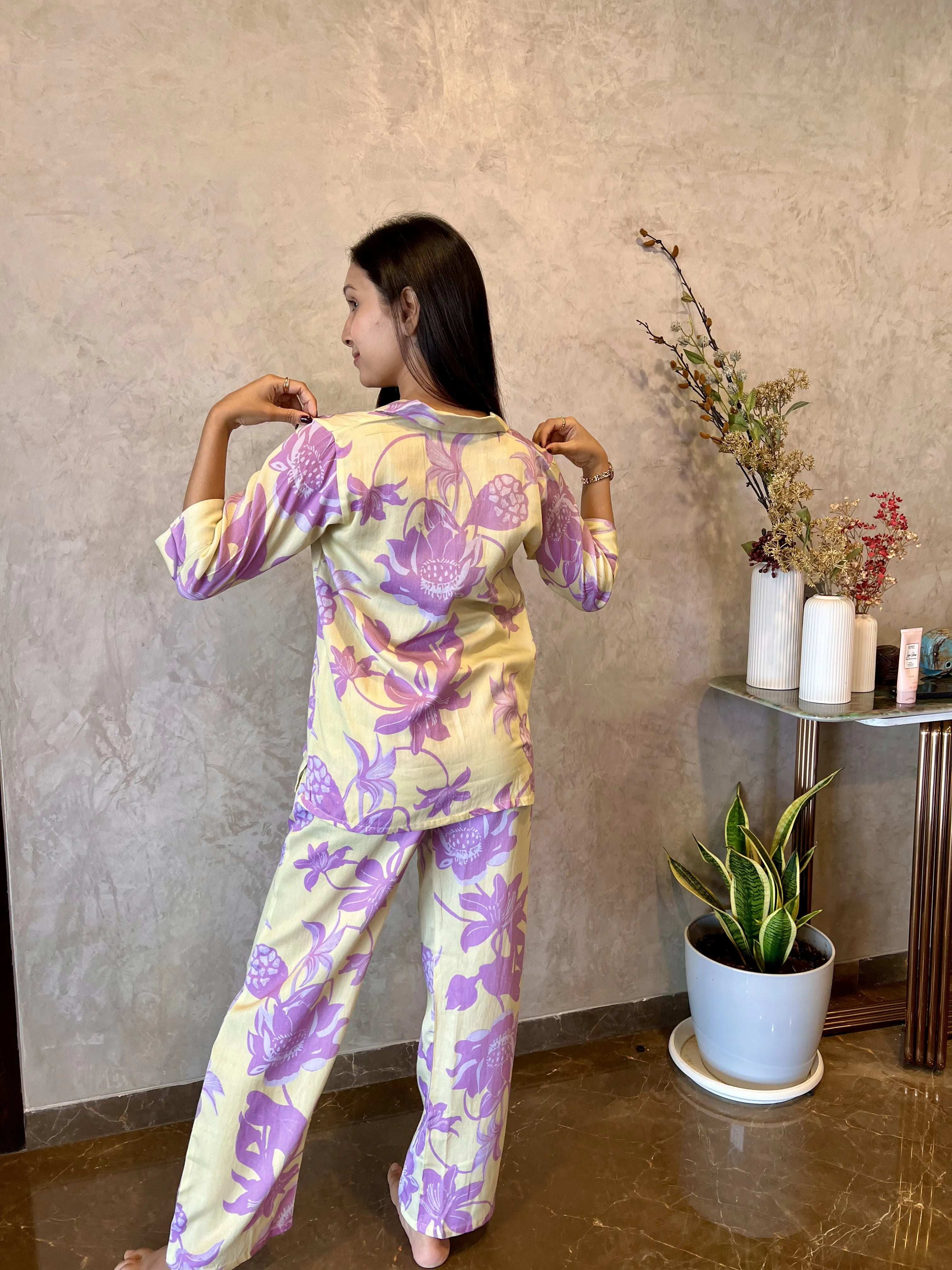Velure Sweet Cozy Floral Cotton Night Suit - Velure - - 3/4 Sleeves, Collar Neck, Cotton, Floral Print, Front Button Open, Full Length Pant