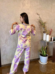 Velure Sweet Cozy Floral Cotton Night Suit - Velure - - 3/4 Sleeves, Collar Neck, Cotton, Floral Print, Front Button Open, Full Length Pant