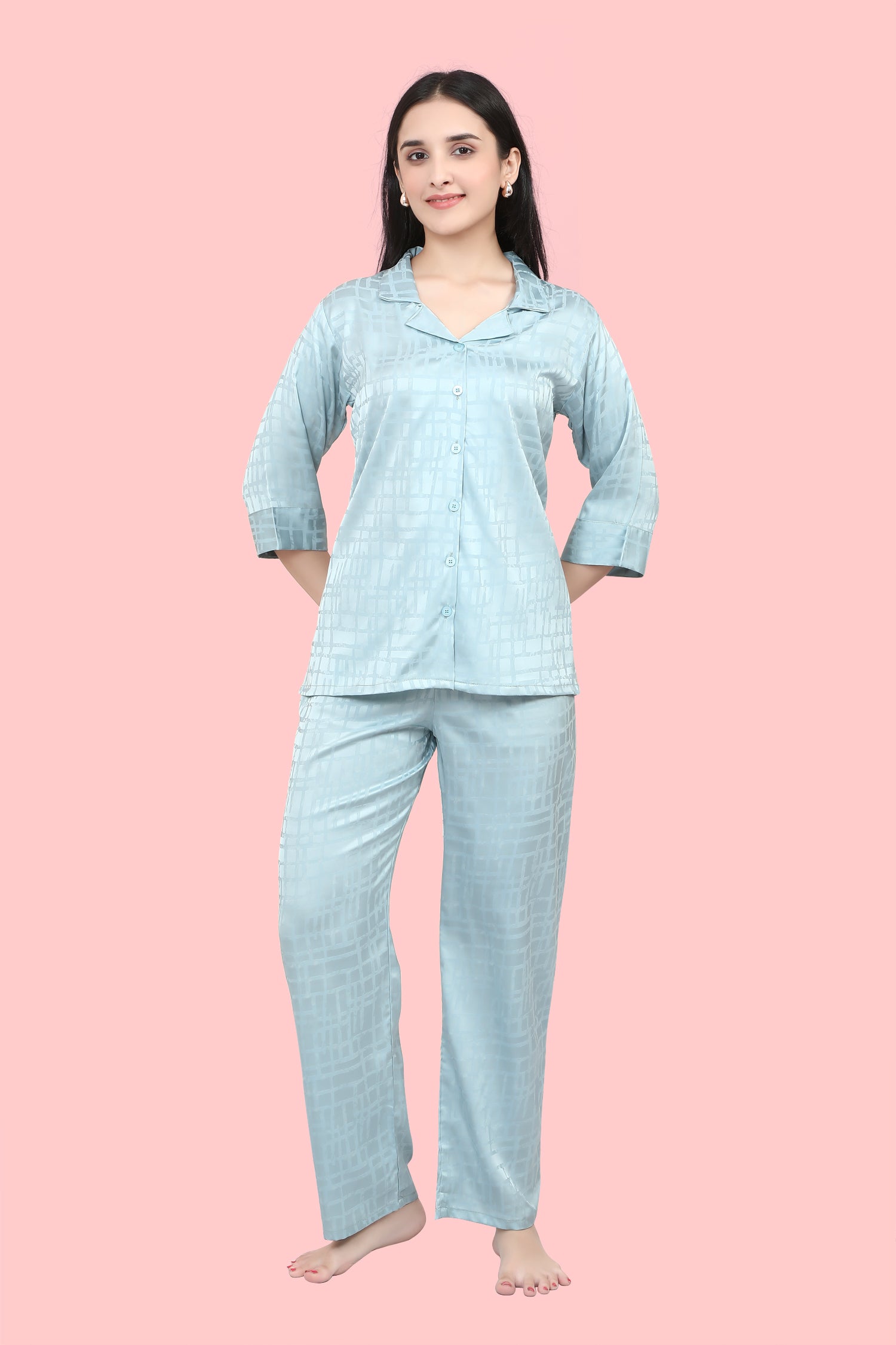 Velure Ethnic Satin Night Suit - Velure, , Enhance your sleepwear collection with the addition of the Velure Ethnic Satin Print Night Suit. Crafted from luxurious satin, this night suit provides a soothing and gentle feel against your skin. With its charming printed design, it perfectly combines style and comfort, making it a essential item in your sleepwear wardrobe.