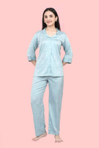 Velure Ethnic Satin Night Suit - Velure - - 3/4 Sleeves, Collar Neck, Front Button Open, Full Length Pant, Satin