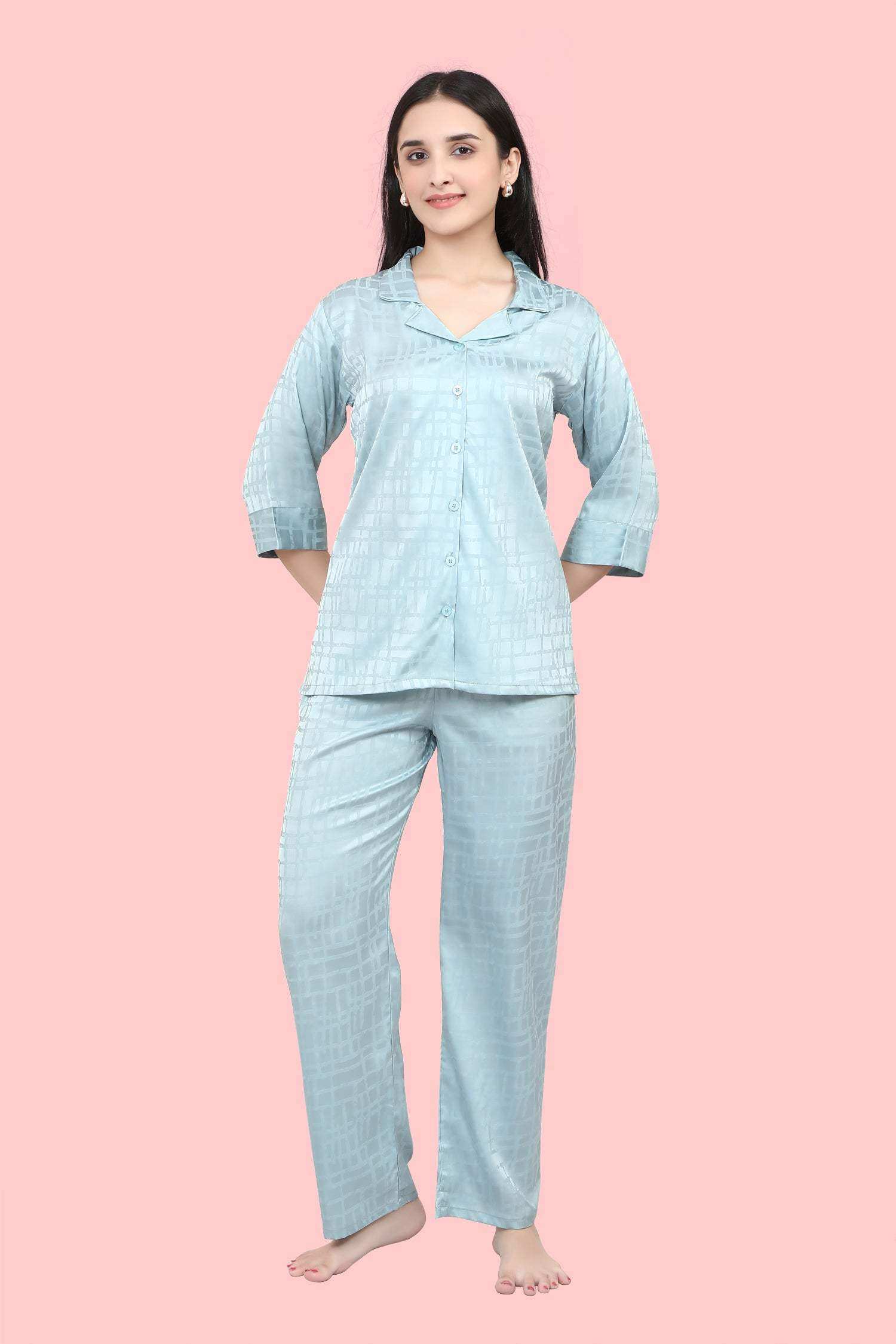 Velure Ethnic Satin Night Suit - Velure - - 3/4 Sleeves, Collar Neck, Front Button Open, Full Length Pant, Satin