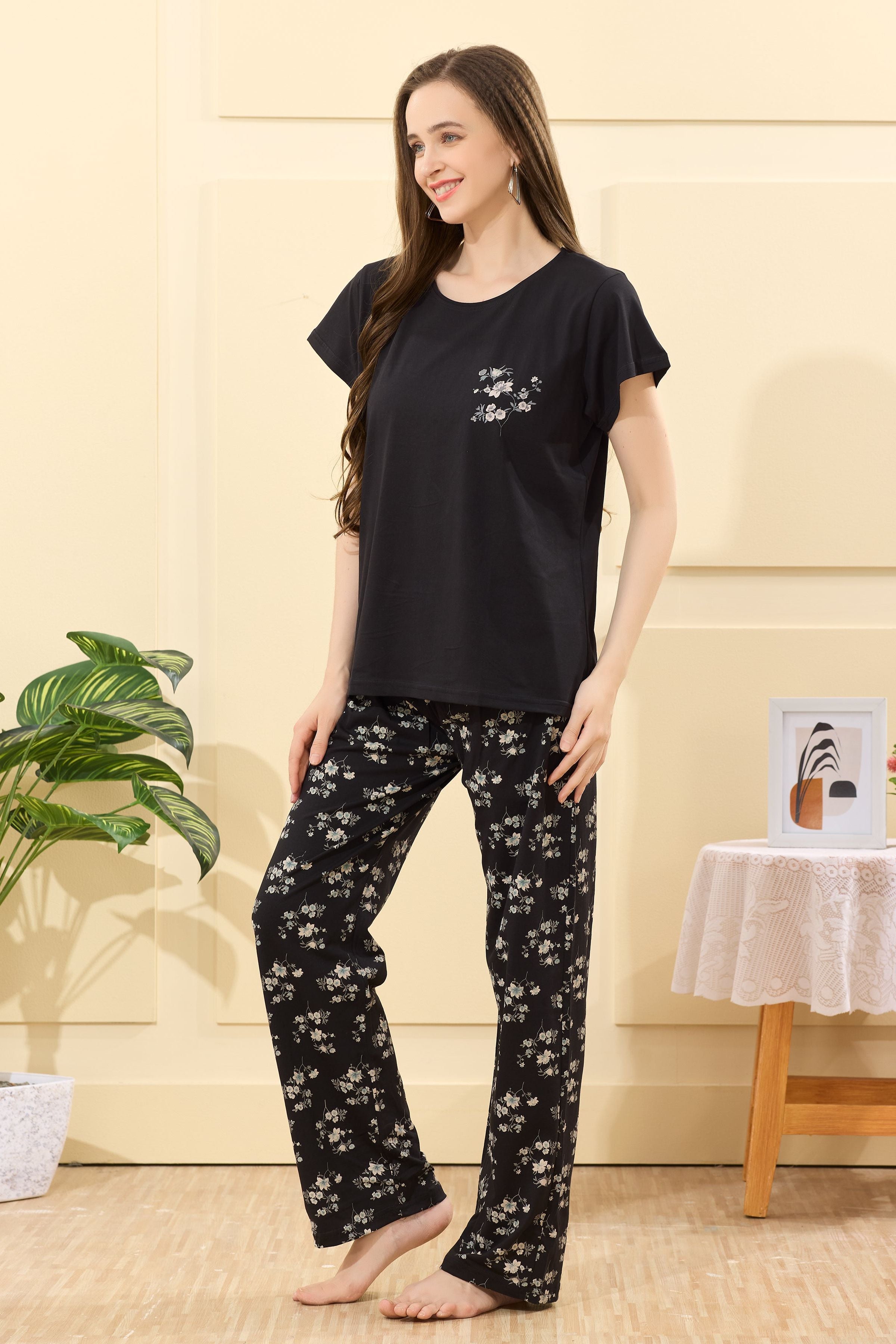 Velure Stylish Floral Printed Pajama Set - Velure - - Cotton Lycra Fabric, Full Length Pant, Half Sleeves, Round neck nightsuit