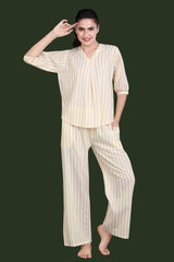 Velure Yellow Striped Casual Co-ord Set - Velure - Long Top and Pant - 3/4 Sleeves, Cotton, Full Length Pant, Stripes