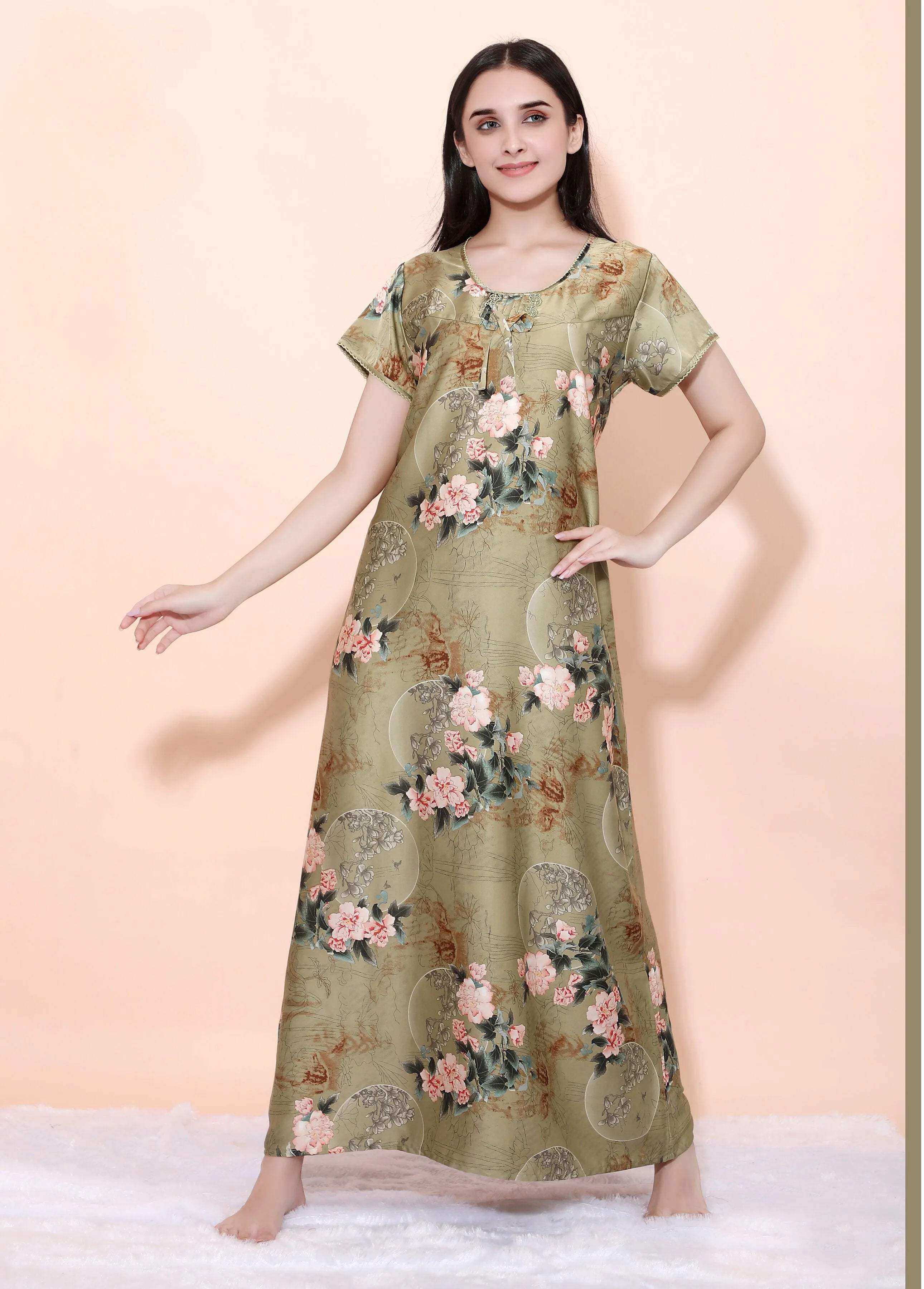 Velure Italian Pleasing Multi- Color Floral Print Satin Nighty - Velure - - Floral Print, Full Length Nighty, Half Sleeves Nighty, Satin