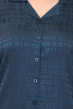 Velure Textured Intense Green Satin Night Suit - Velure - - 3/4 Sleeves, Collar Neck, Front Button Open, Full Length Pant, Satin