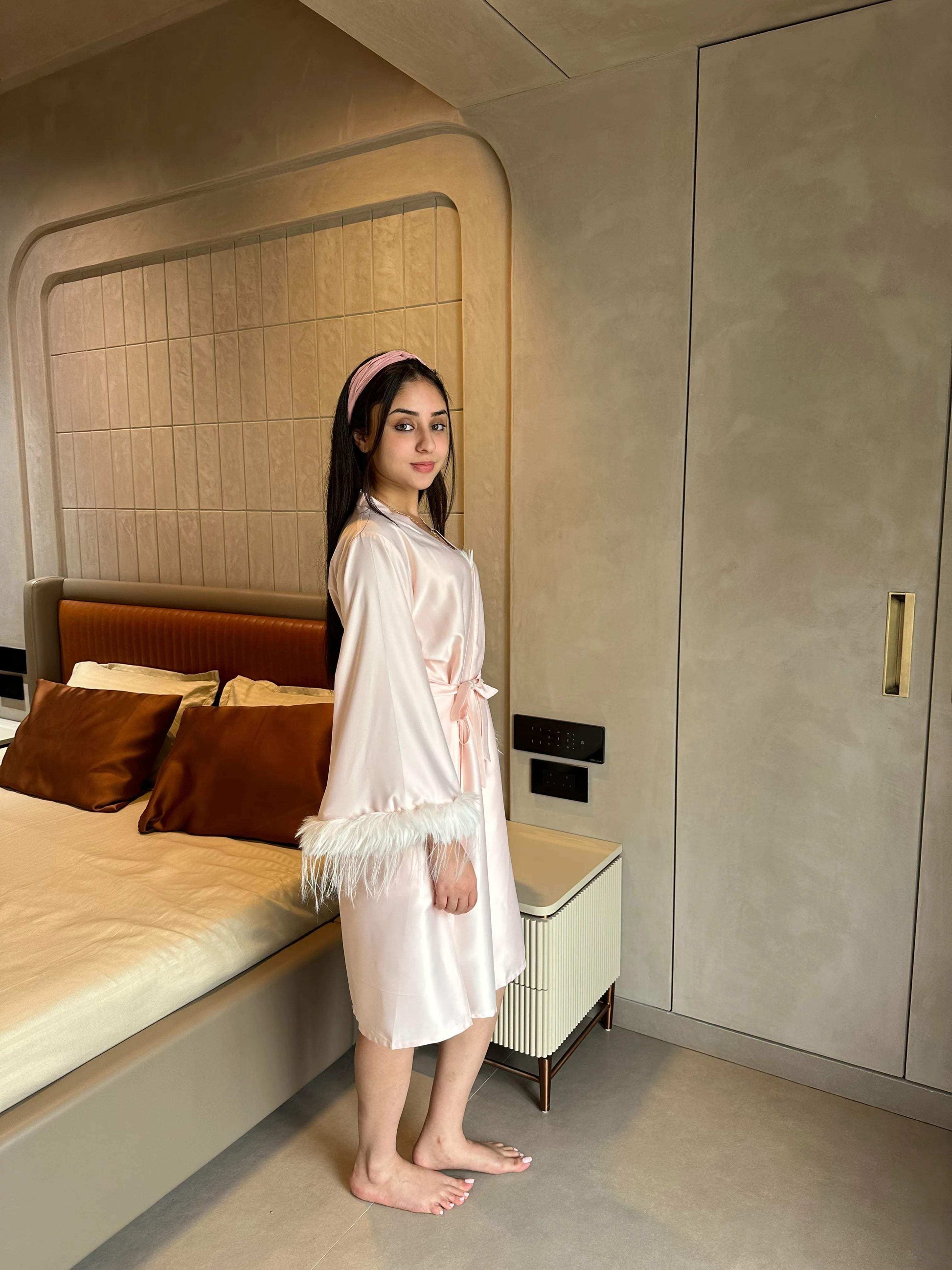Velure Satin 3 Piece Peach Robe Set - Velure - - Fur, Robe, Satin, Shorts, Spaghetti