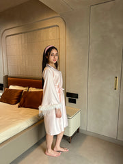 Velure Satin 3 Peice Peach Robe Set - Velure, , Indulge in ultimate relaxation with the stylish Velure Peach Satin 3 Piece Robe Set from Velure. Expertly crafted from luxurious Italian satin, this set offers a soft, silky feel against the skin. The spaghetti strap top is adjustable to fit all body types, while the robe features versatile tie options both inside and out, ensuring a perfect fit. The elegant fur pattern adds a touch of comfort and luxury. Perfect for a peaceful night’s sleep and sweet dreams!