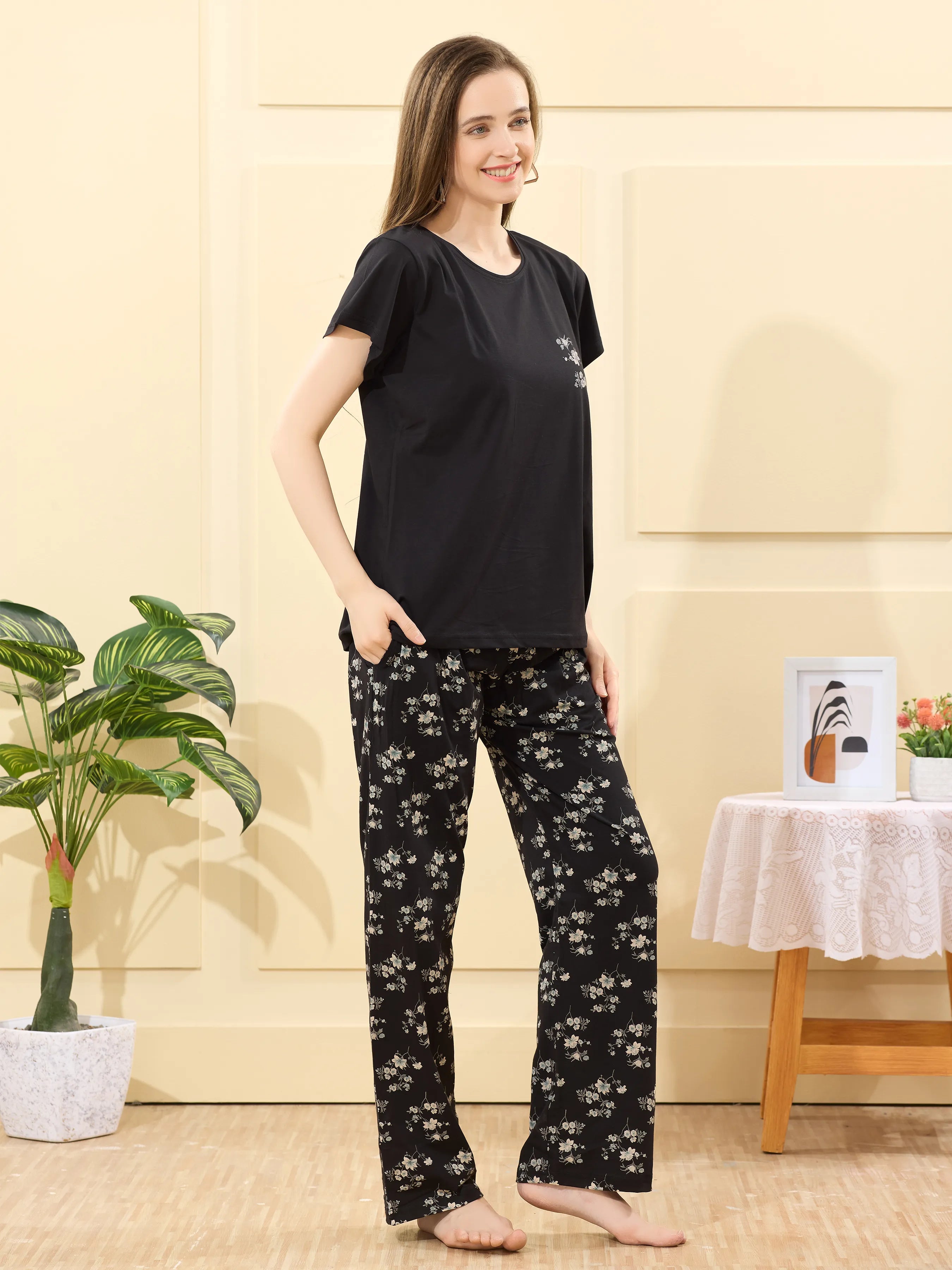 Velure Stylish Floral Printed Pajama Set - Velure - - Cotton Lycra Fabric, Full Length Pant, Half Sleeves, Round neck nightsuit