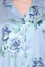 Velure Appealing Floral Print Satin Night Suit - Velure - - 3/4 Sleeves, Collar Neck, Floral Print, Front Button Open, Full Length Pant, Satin