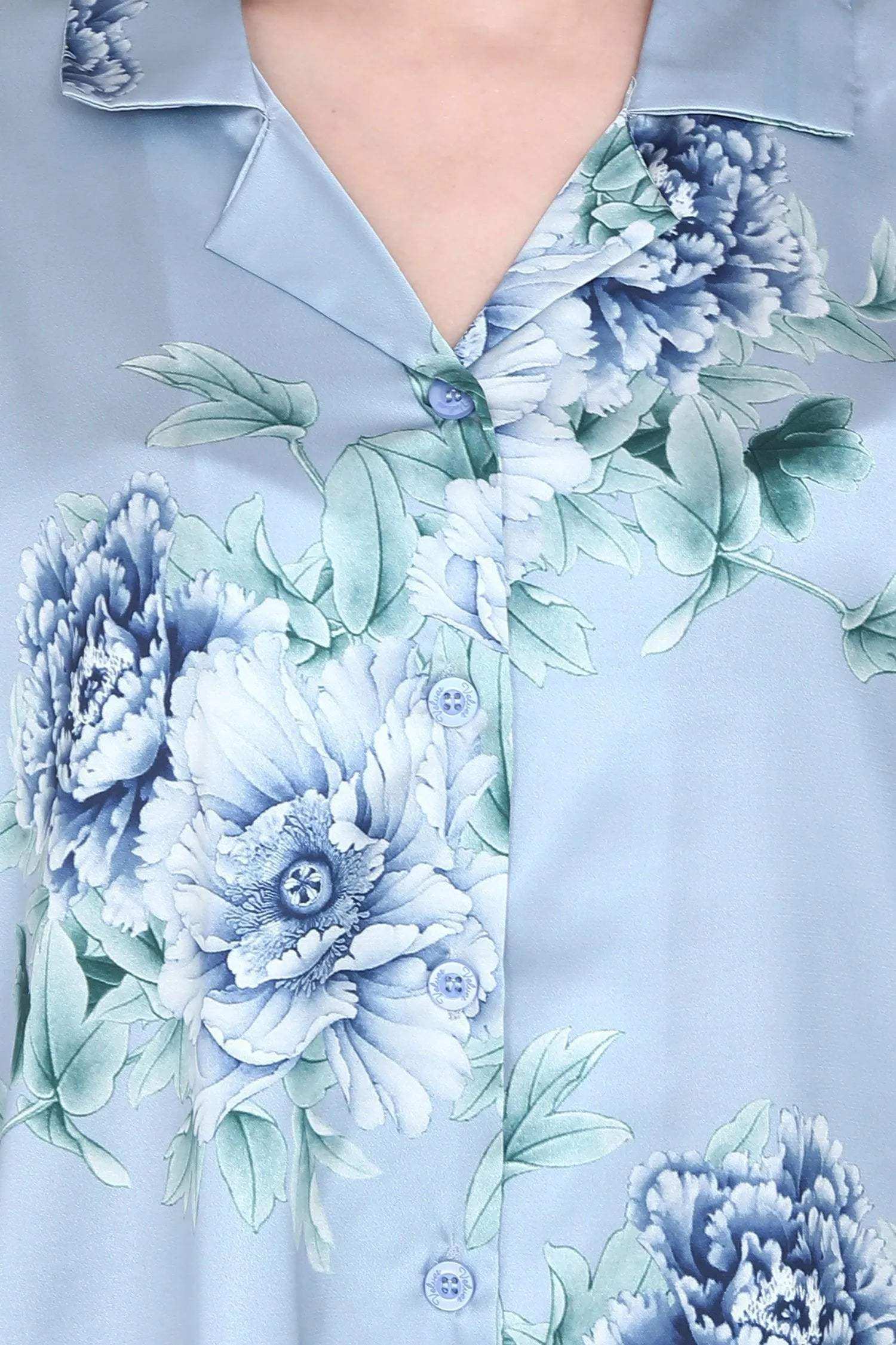 Velure Appealing Floral Print Satin Night Suit - Velure - - 3/4 Sleeves, Collar Neck, Floral Print, Front Button Open, Full Length Pant, Satin