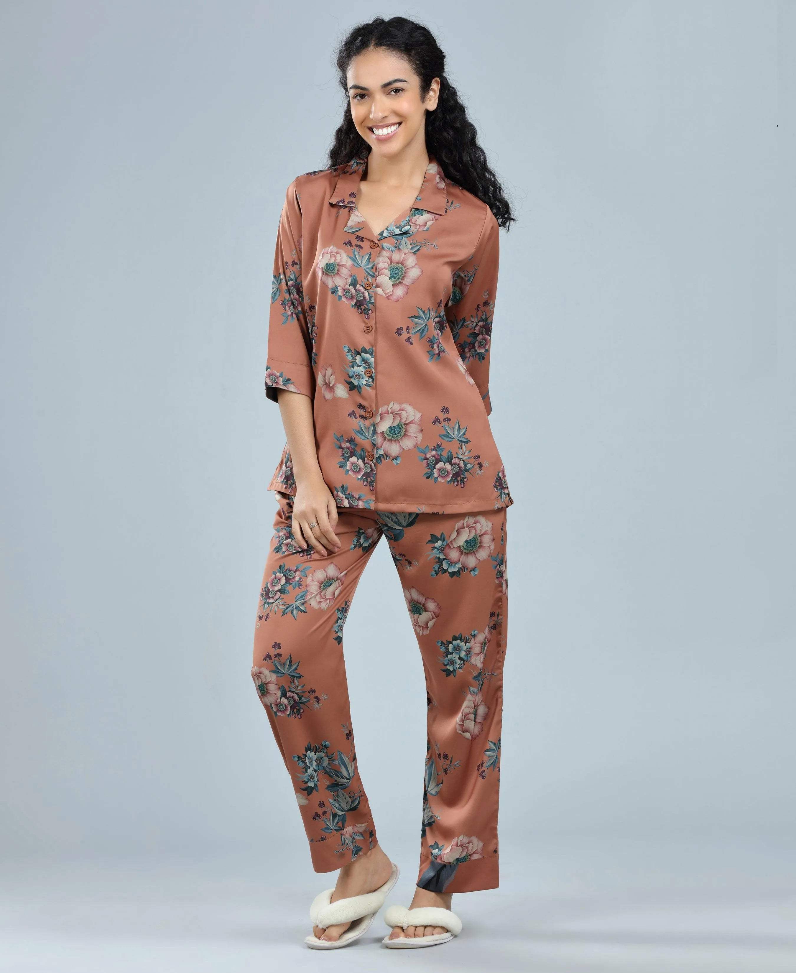 Velure Charming Relaxed Floral Print Night Suit - Velure - - 3/4 Sleeves, Collar Neck, Floral Print, Front Button Open, Full Length Pant, Satin