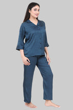 Velure Textured Intense Green Satin Night Suit - Velure - - 3/4 Sleeves, Collar Neck, Front Button Open, Full Length Pant, Satin