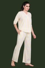 Velure Yellow Striped Casual Co-ord Set - Velure - Long Top and Pant - 3/4 Sleeves, Cotton, Full Length Pant, Stripes