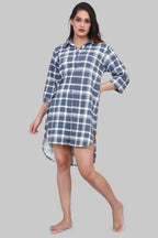Velure Blue & White Checked Casual Short Night Shirt - Velure - - 3/4 Sleeves, Collar Neck, Cotton, Front Button Open