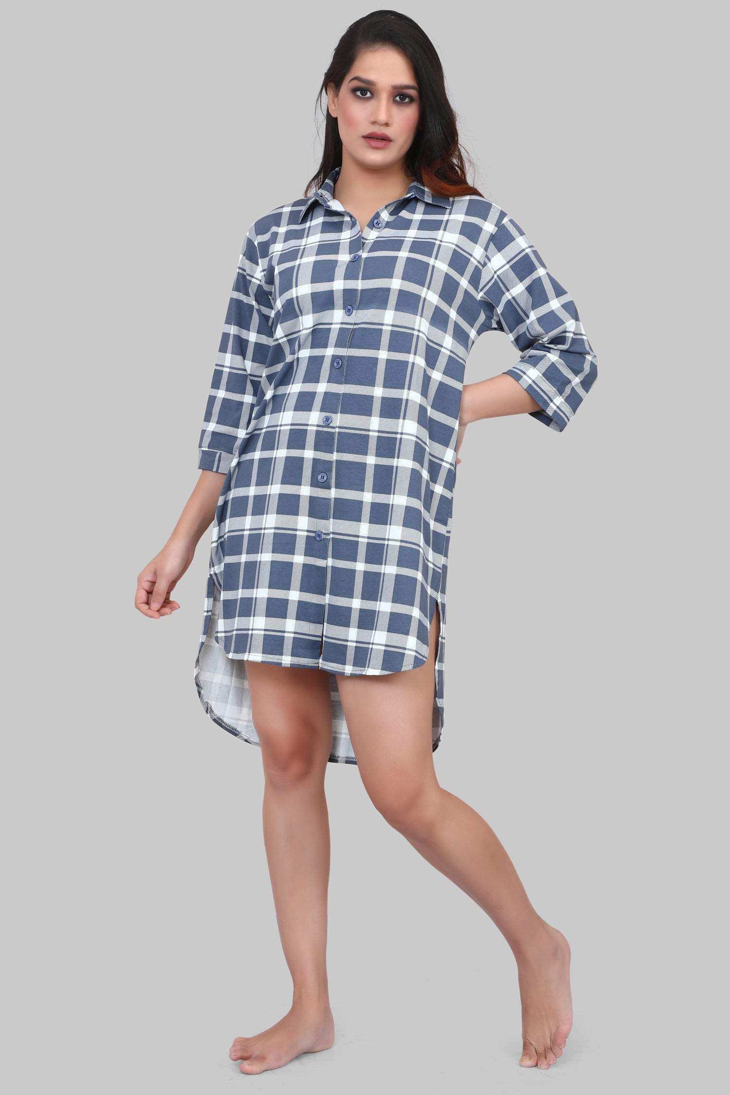 Velure Blue & White Checked Casual Short Night Shirt - Velure - - 3/4 Sleeves, Collar Neck, Cotton, Front Button Open