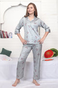 Velure Stunning Grey Floral Print Satin Night Suit - Velure - - 3/4 Sleeves, Collar Neck, Floral Print, Front Button Open, Full Length Pant, Satin