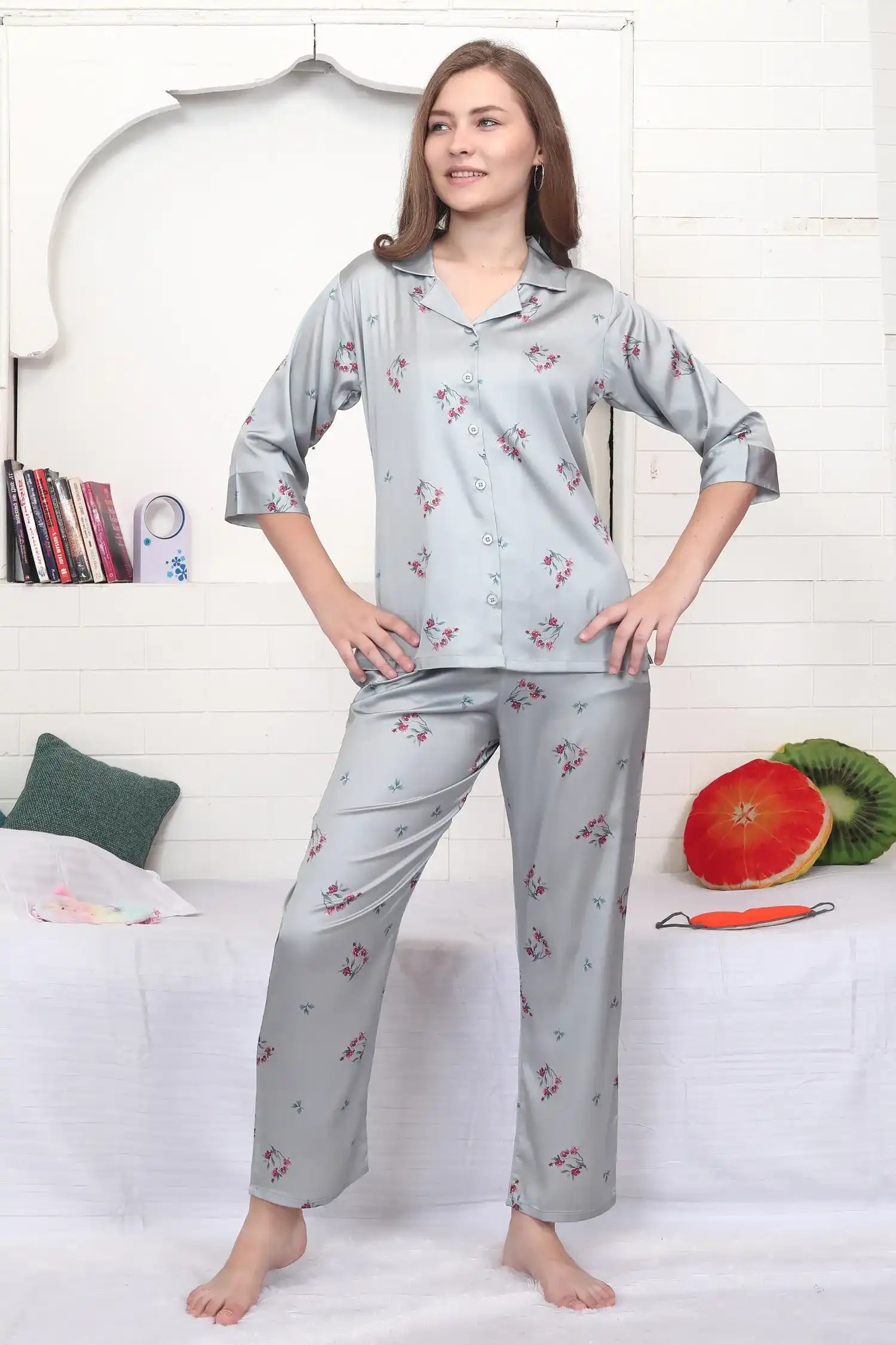 Velure Stunning Grey Floral Print Satin Night Suit