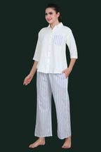 Velure Blue Stripes Casual Co-ord Set - Velure - - 3/4 Sleeves, Collar Neck, Cotton, Front Button Open, Full Length Pant, Stripes
