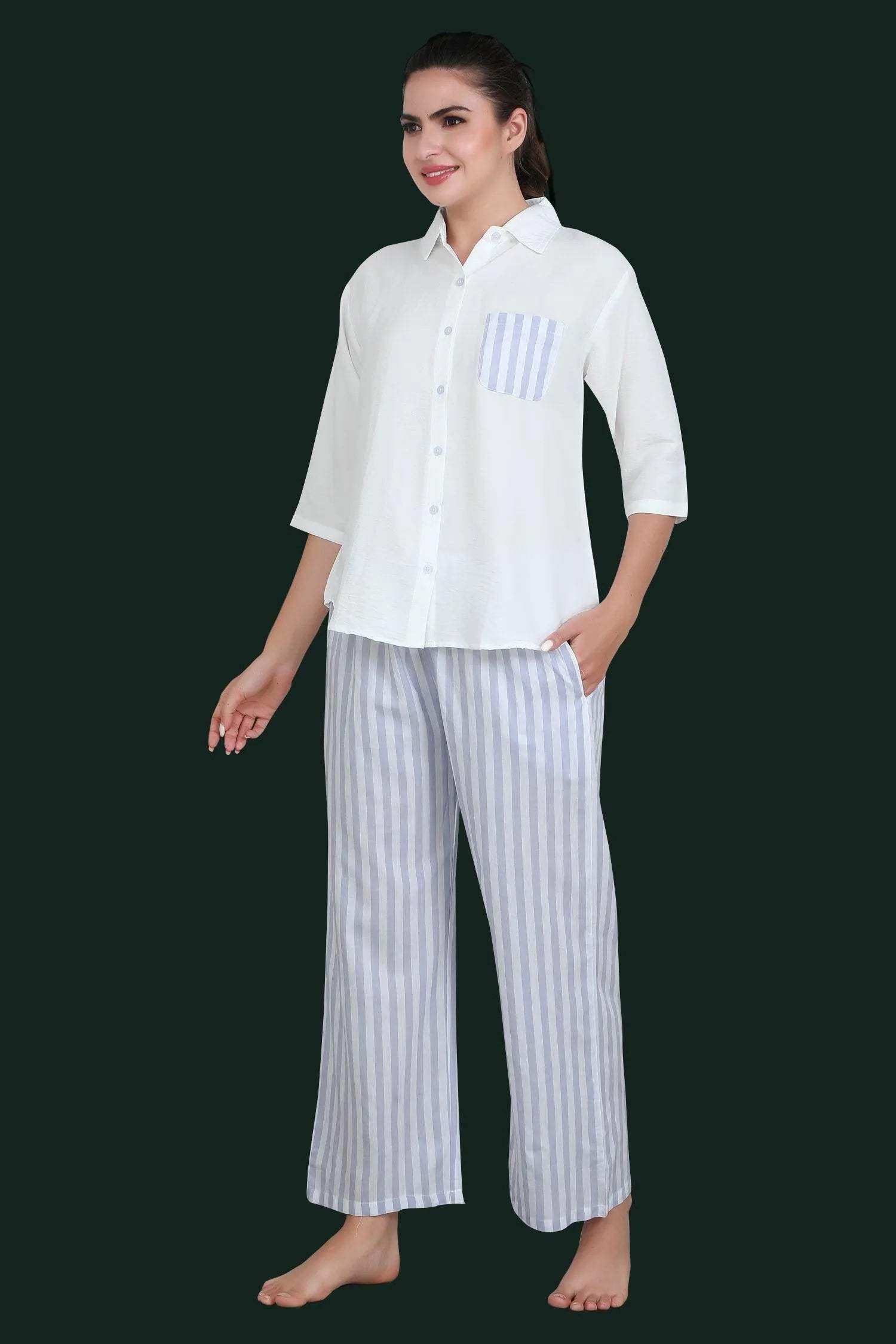 Velure Blue Stripes Casual Co-ord Set - Velure - - 3/4 Sleeves, Collar Neck, Cotton, Front Button Open, Full Length Pant, Stripes