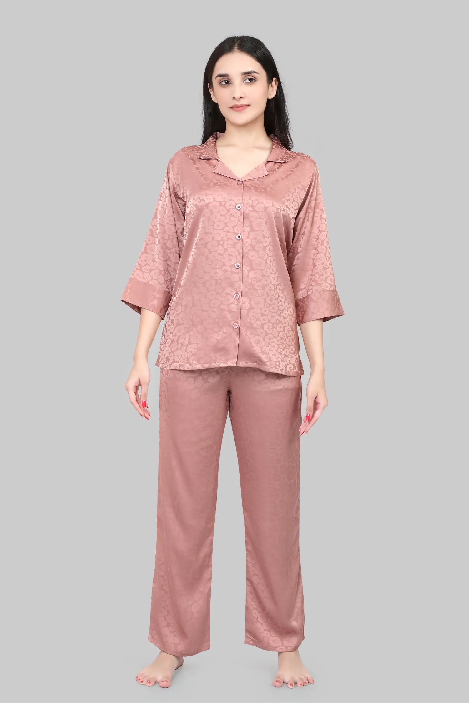 Velure Brown Floral Print Satin Night Suit - Velure, , Elevate your sleepwear collection with the Velure Brown Floral Print Satin Night Suit. This night suit is crafted from soft satin fabric, offering a gentle and comforting feel against the skin. The printed pattern adds an extra touch of charm. It is the perfect combination of style and comfort, making it an excellent addition to your sleepwear collection.