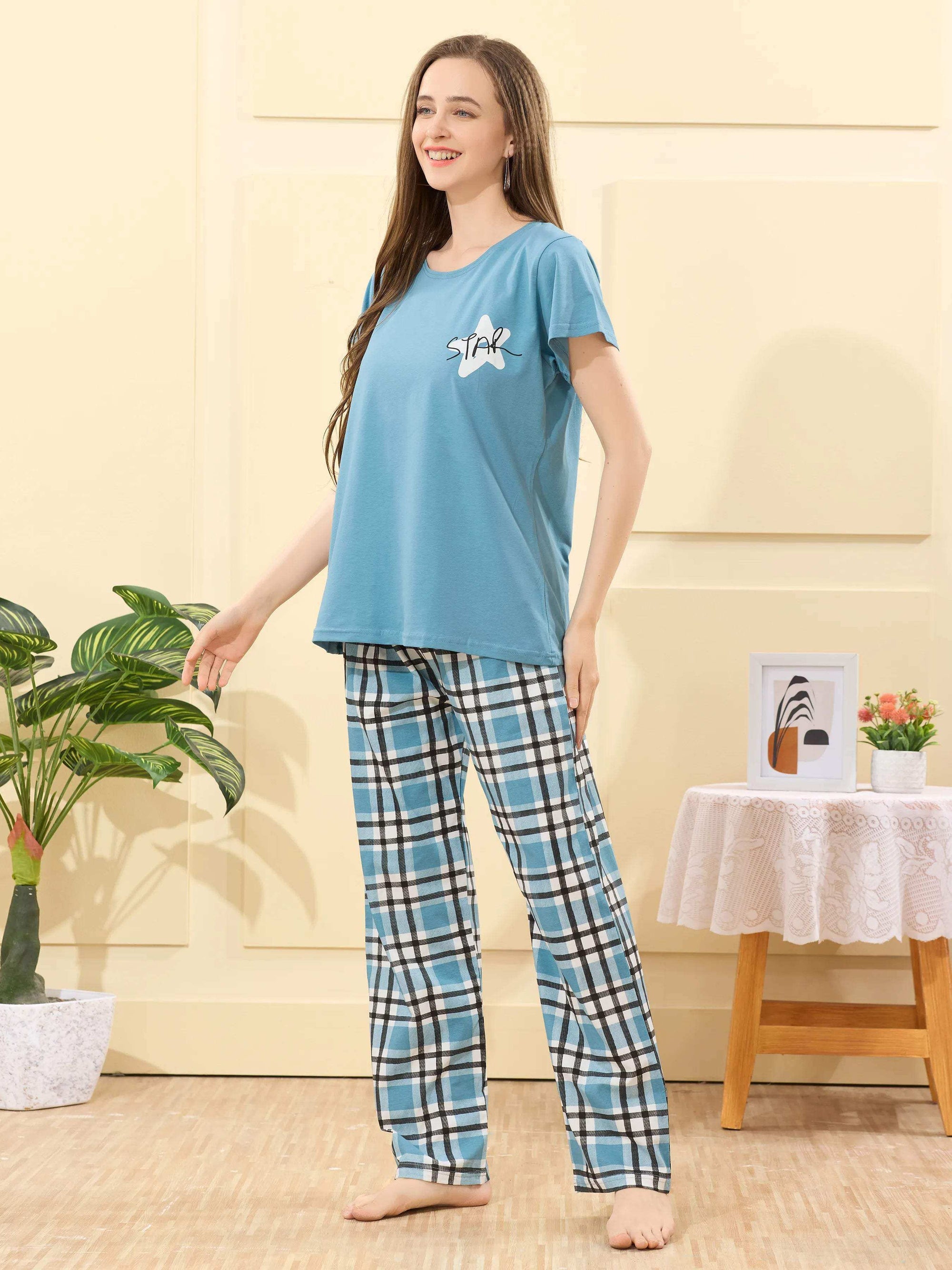 Velure Luxurious Printed Pajama Set - Velure - - Cotton Lycra Fabric, Full Length Pant, Half Sleeves, Round neck nightsuit