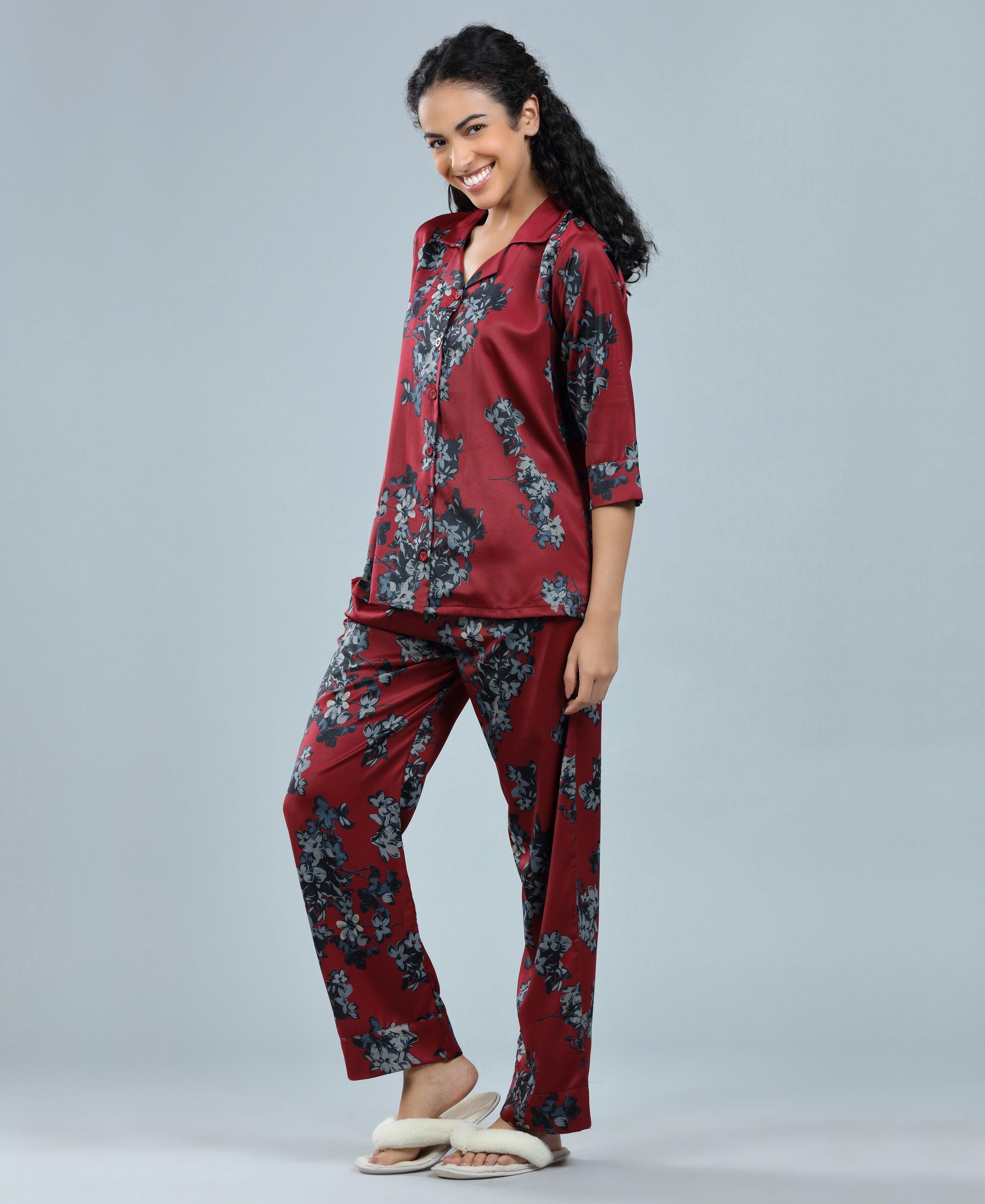 Velure Beautiful Floral Print Night Suit - Velure - Shirt and Pant - 3/4 Sleeves, Collar Neck, Floral Print, Front Button Open, Full Length Pant, Satin