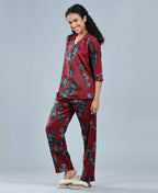 Velure Beautiful Floral Print Night Suit - Velure - - 3/4 Sleeves, Collar Neck, Floral Print, Front Button Open, Full Length Pant, Satin