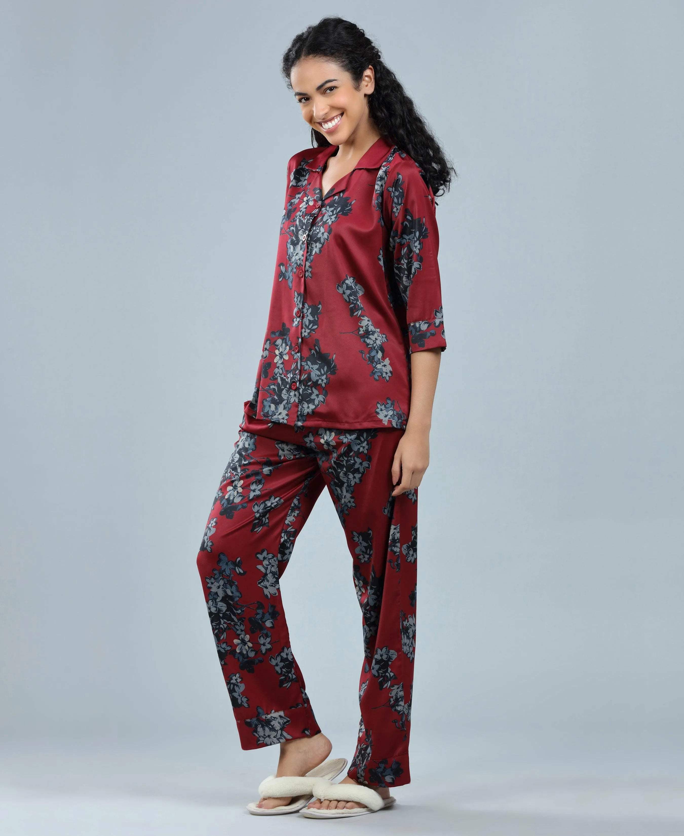 Velure Beautiful Floral Print Night Suit - Velure - - 3/4 Sleeves, Collar Neck, Floral Print, Front Button Open, Full Length Pant, Satin
