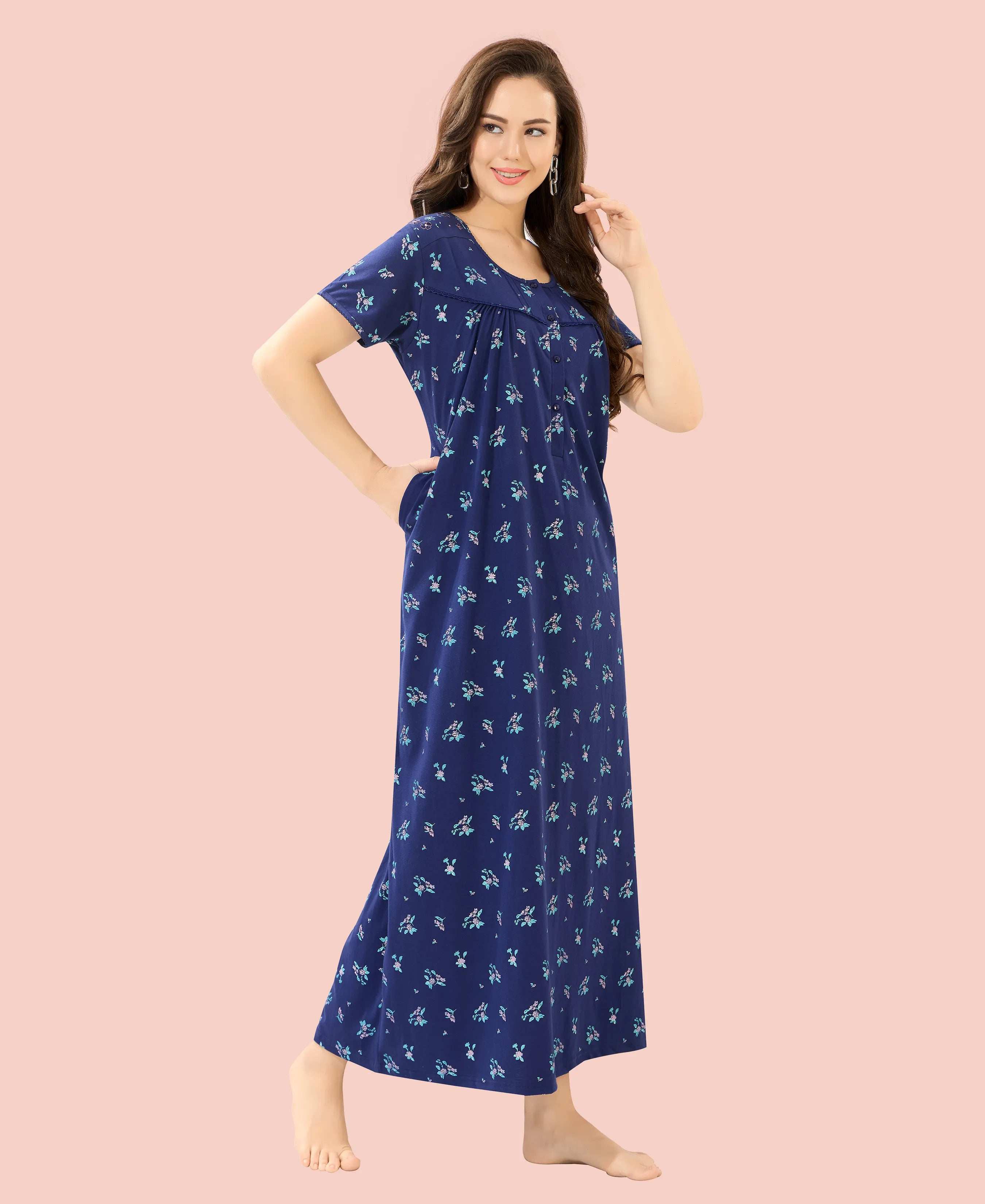Velure Floral Print Hosiery Nighty - Velure - Nighty - Floral Print, Full Length Nighty, Half Sleeves Nighty, Hosiery Cotton