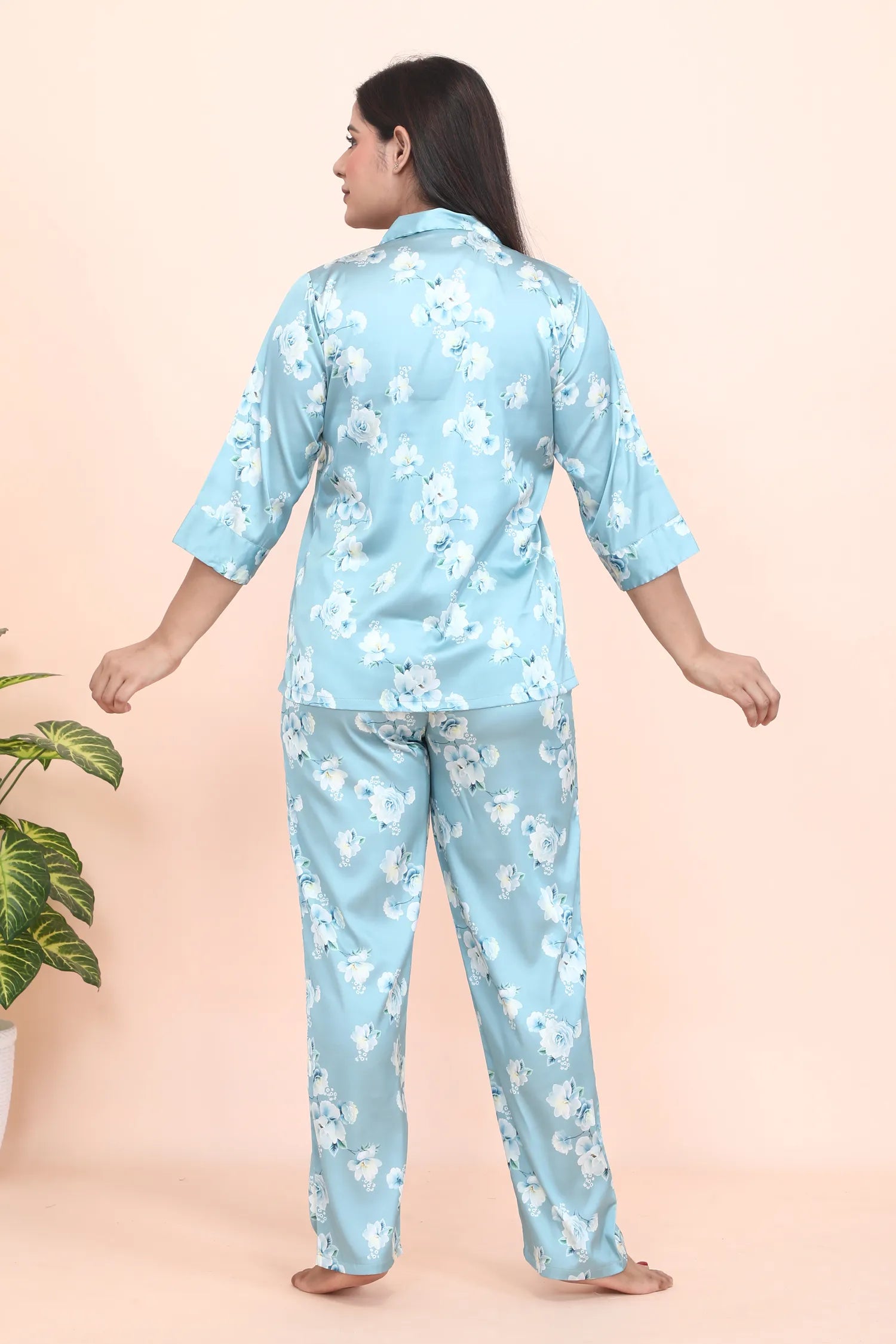 Velure Appealing Floral Print Night Suit - Velure - - 3/4 Sleeves, Collar Neck, Front Button Open, Full Length Pant, Satin
