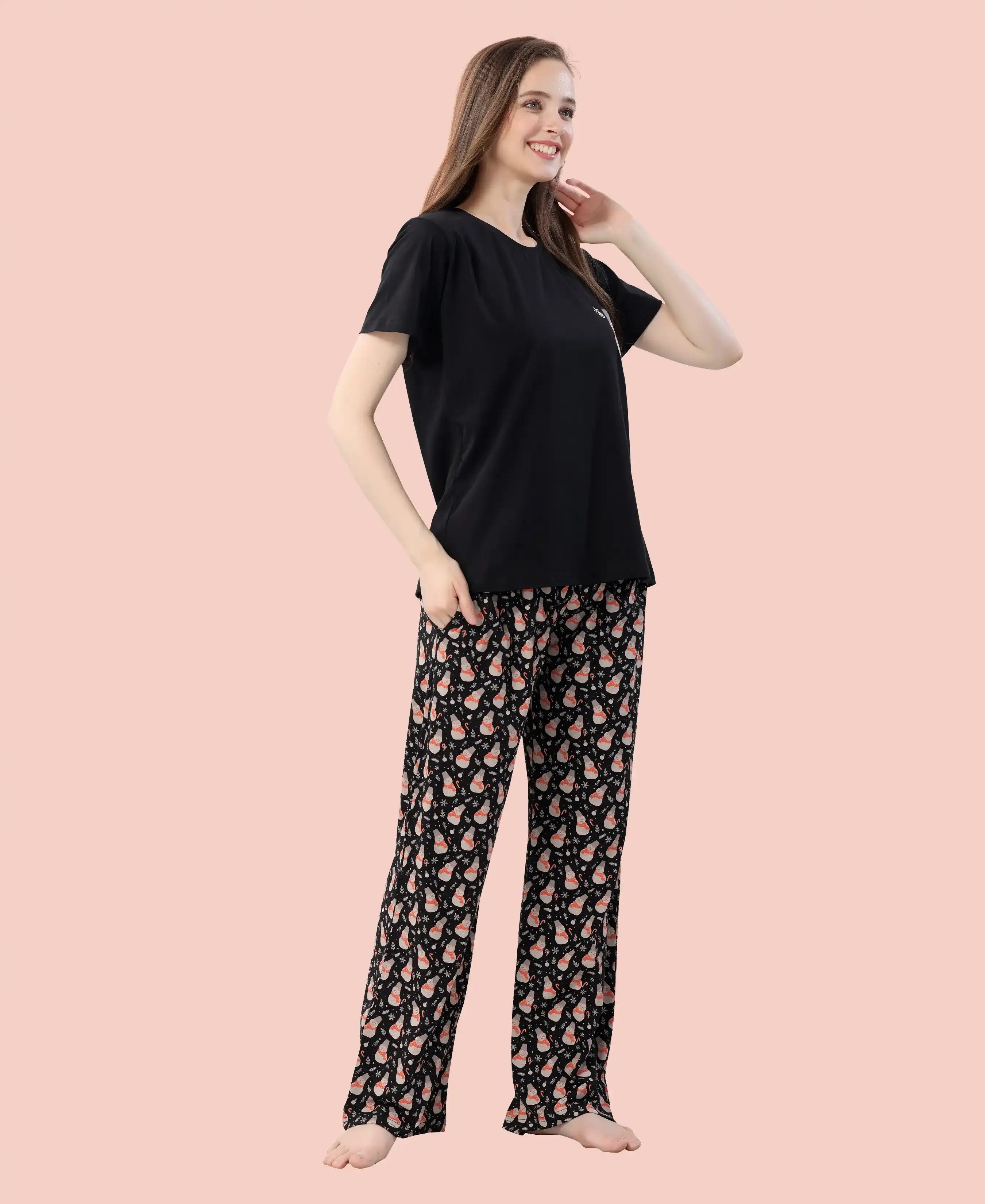 Velure Trendy Snowman Print Pajama Set - Velure - - Cotton Lycra Fabric, Full Length Pant, Half Sleeves, Round neck nightsuit