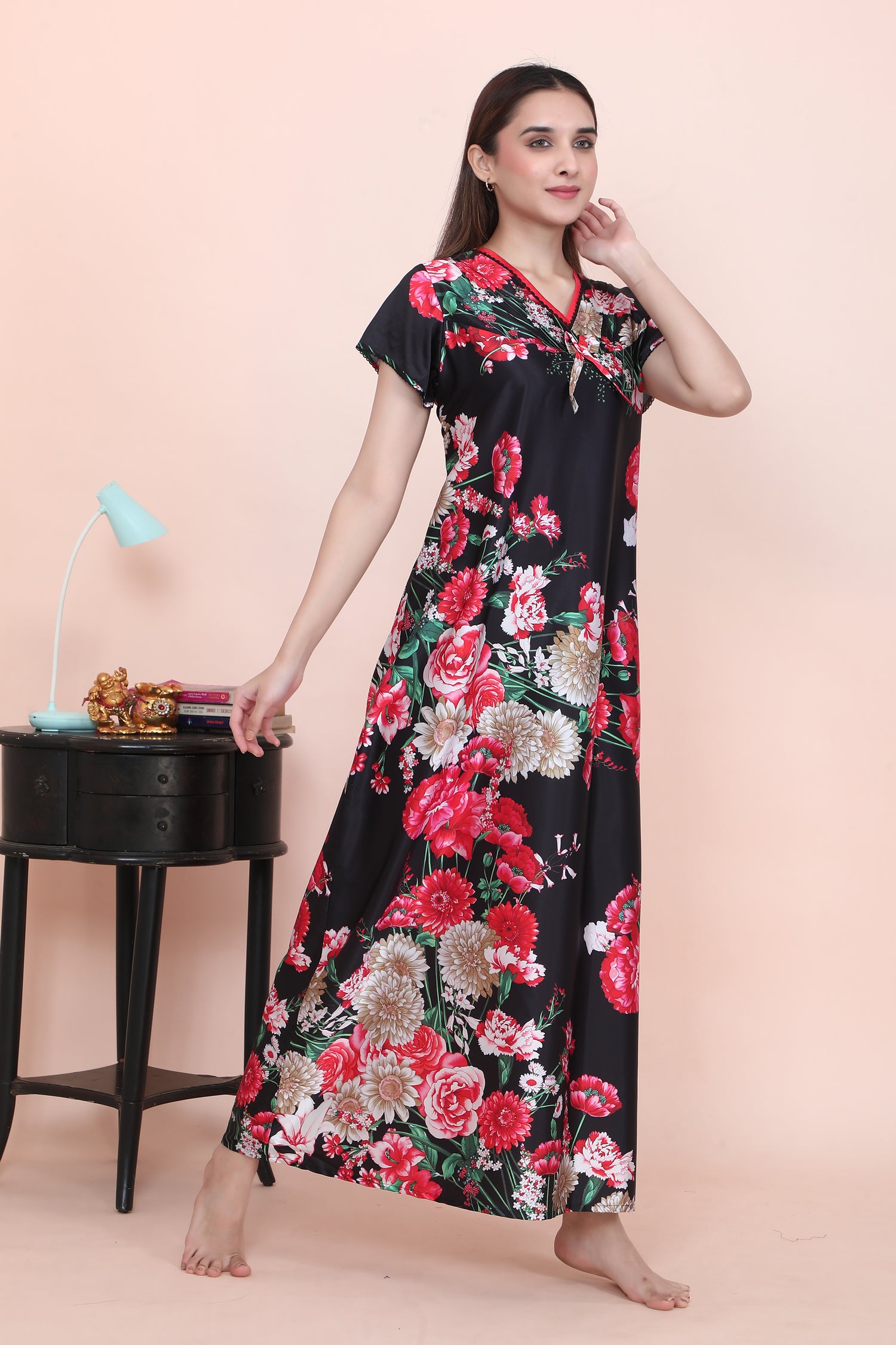 Velure Stunning Floral Print Satin Nighty - Velure - - Floral Print, Full Length Nighty, Half Sleeves Nighty