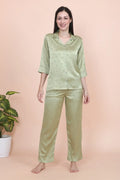 Velure Classic Cherry Print Satin Night Suit - Velure - - 3/4 Sleeves, Collar Neck, Front Button Open, Full Length Pant, Printed, Satin