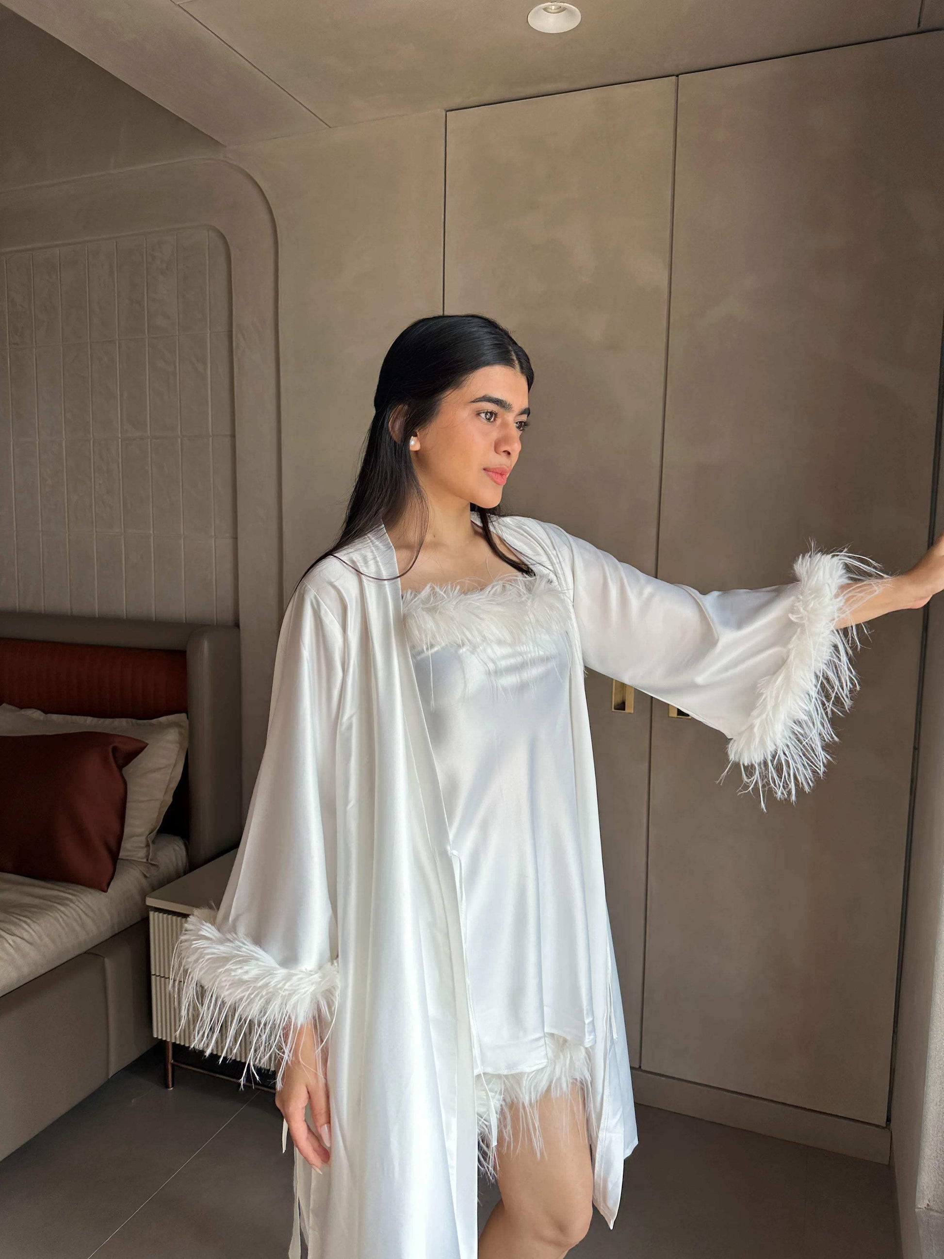 Velure White Satin 3 Piece Robe Set - Velure - - Fur, Robe, Satin, Shorts, Spaghetti