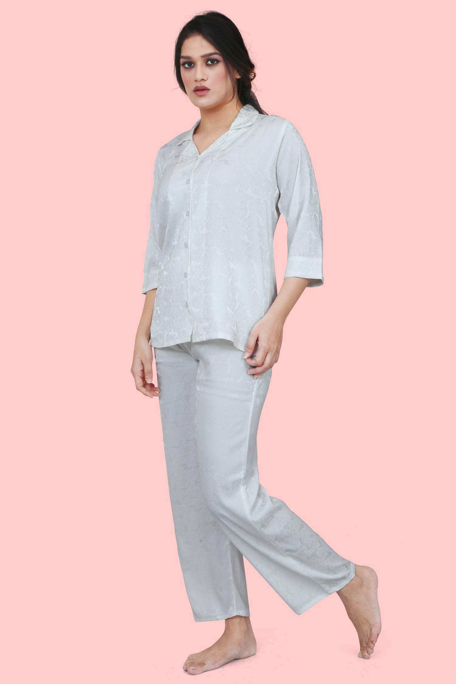 Velure Tunic Floral Print Satin Night Suit - Velure - - 3/4 Sleeves, Collar Neck, Front Button Open, Full Length Pant, Satin