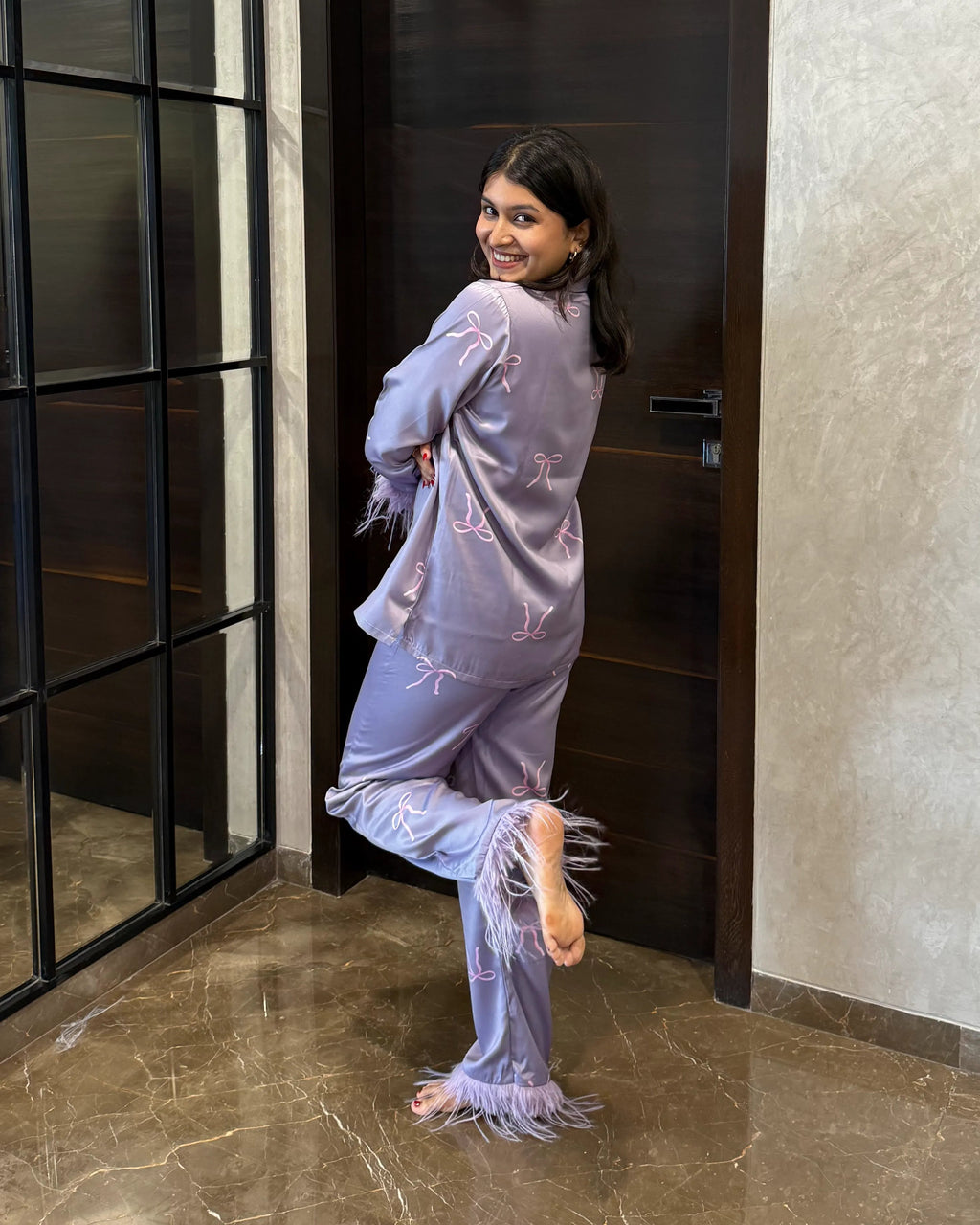 Velure Embellished Bow Fur Satin Sleepwear Set