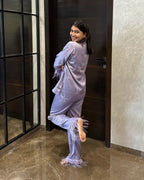 Velure Embellished Bow Fur Satin Sleepwear Set