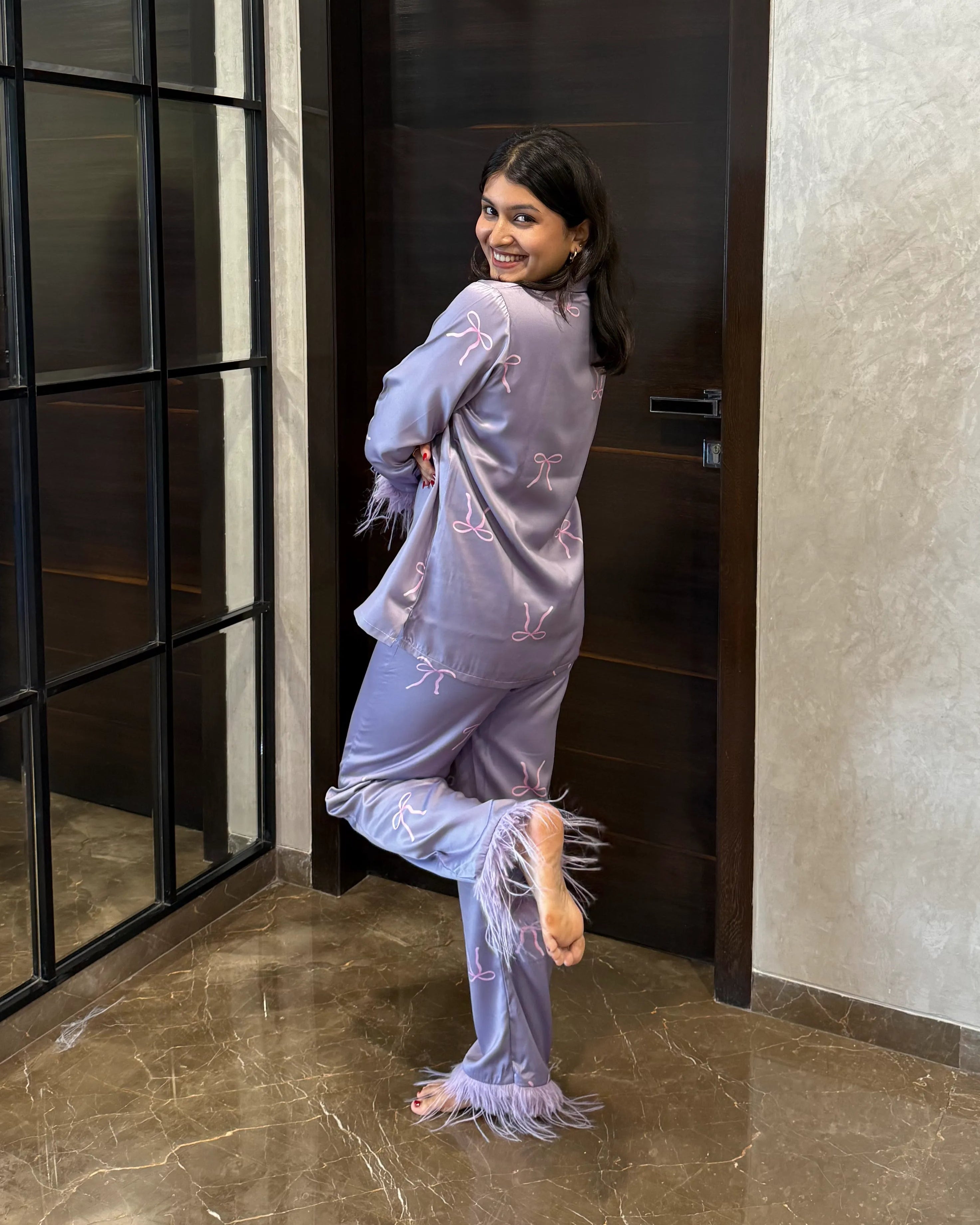 Velure Embellished Bow Fur Satin Sleepwear Set