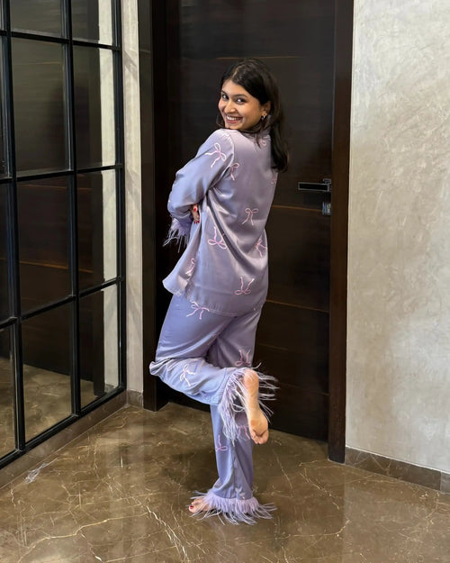 Velure Embellished Bow Fur Satin Sleepwear Set - Velure - - 3/4 Sleeves, Collar Neck, Front Button Open, Full Length Pant, Printed, Satin