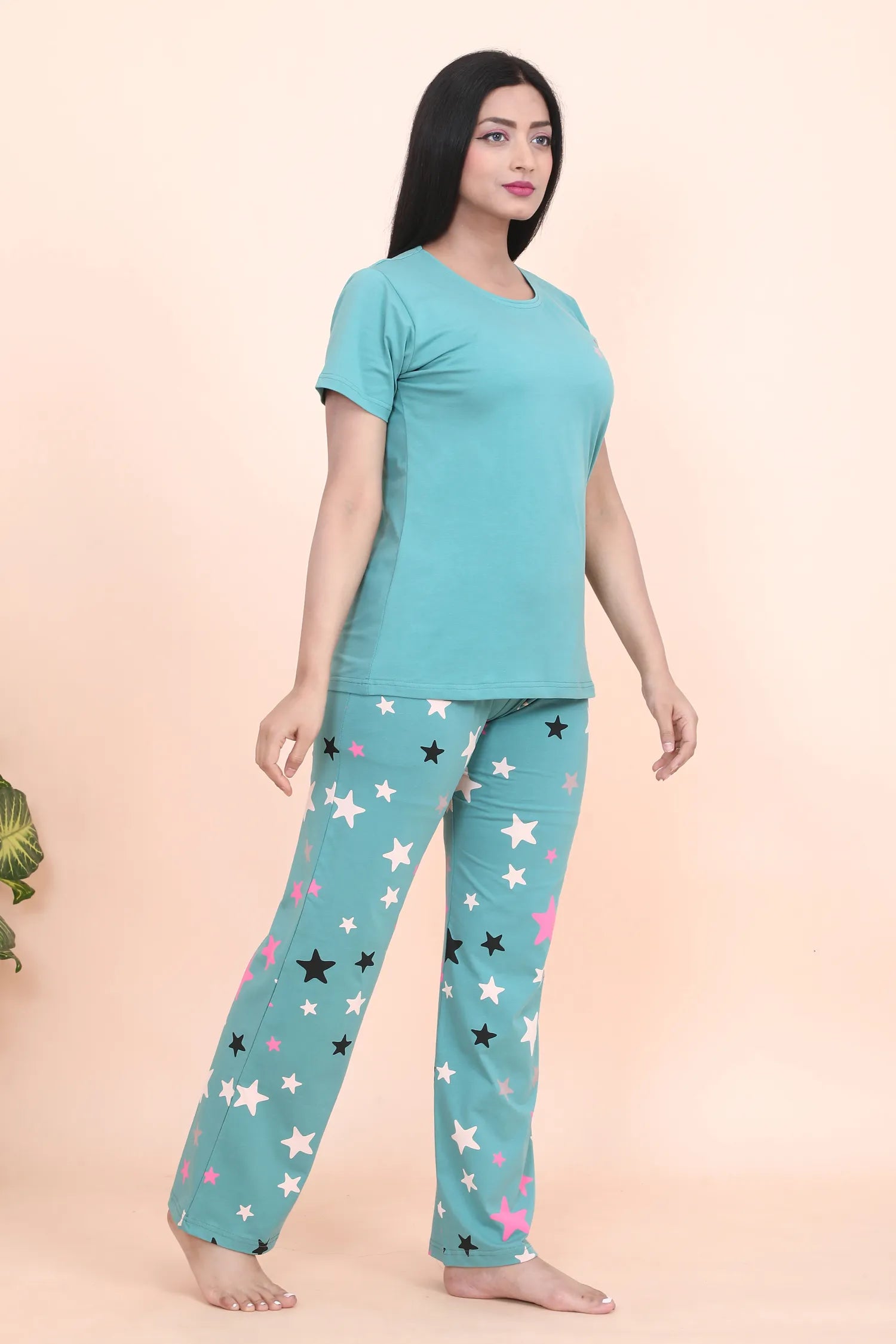 Velure Classic Star Print Pajama Set - Velure - - Cotton Lycra Fabric, Full Length Pant, Half Sleeves, Round neck nightsuit
