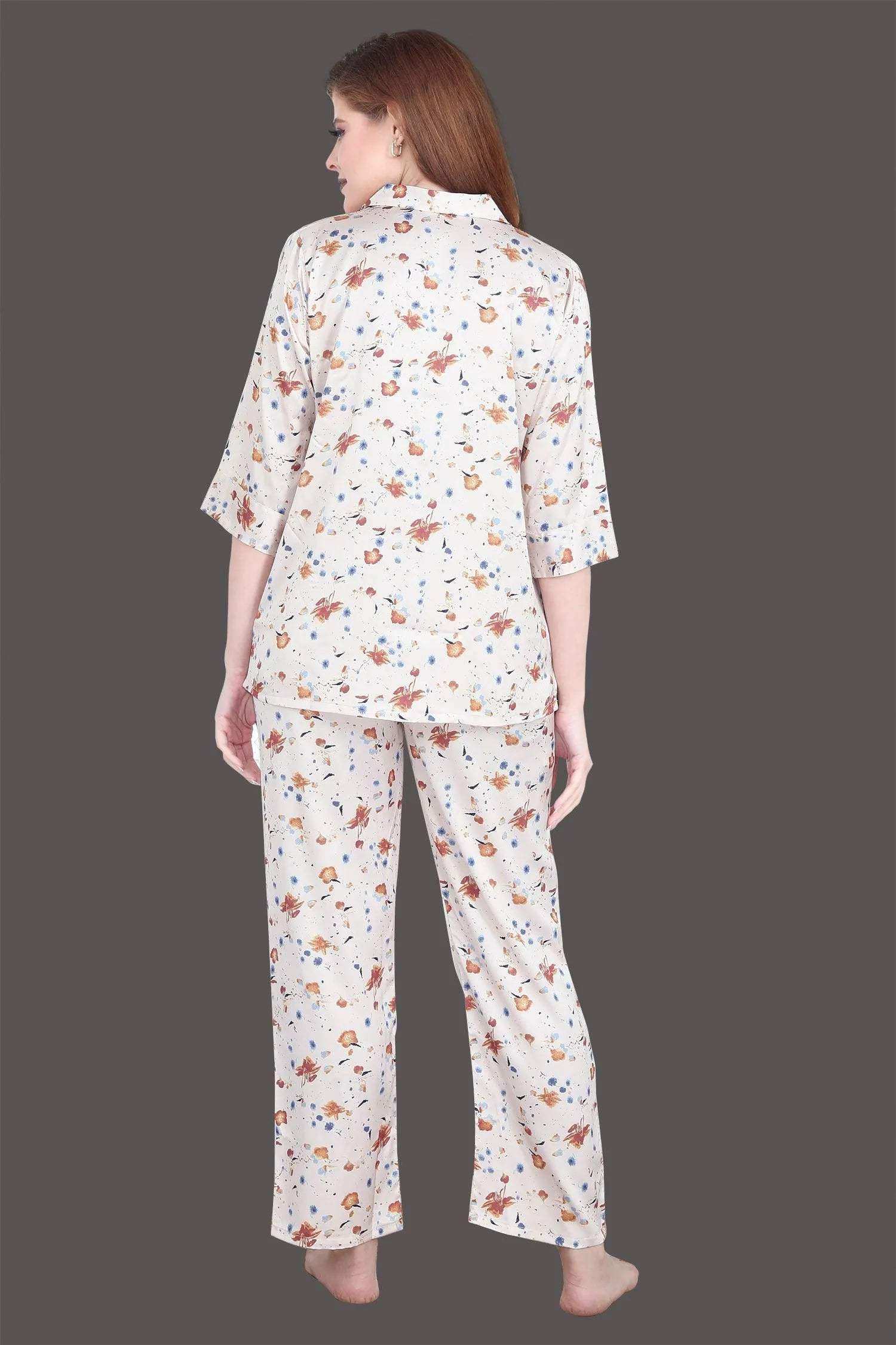 Velure Vintage Floral Print Satin Night Suit - Velure - - 3/4 Sleeves, Abstract Print, Collar Neck, Front Button Open, Full Length Pant, Satin