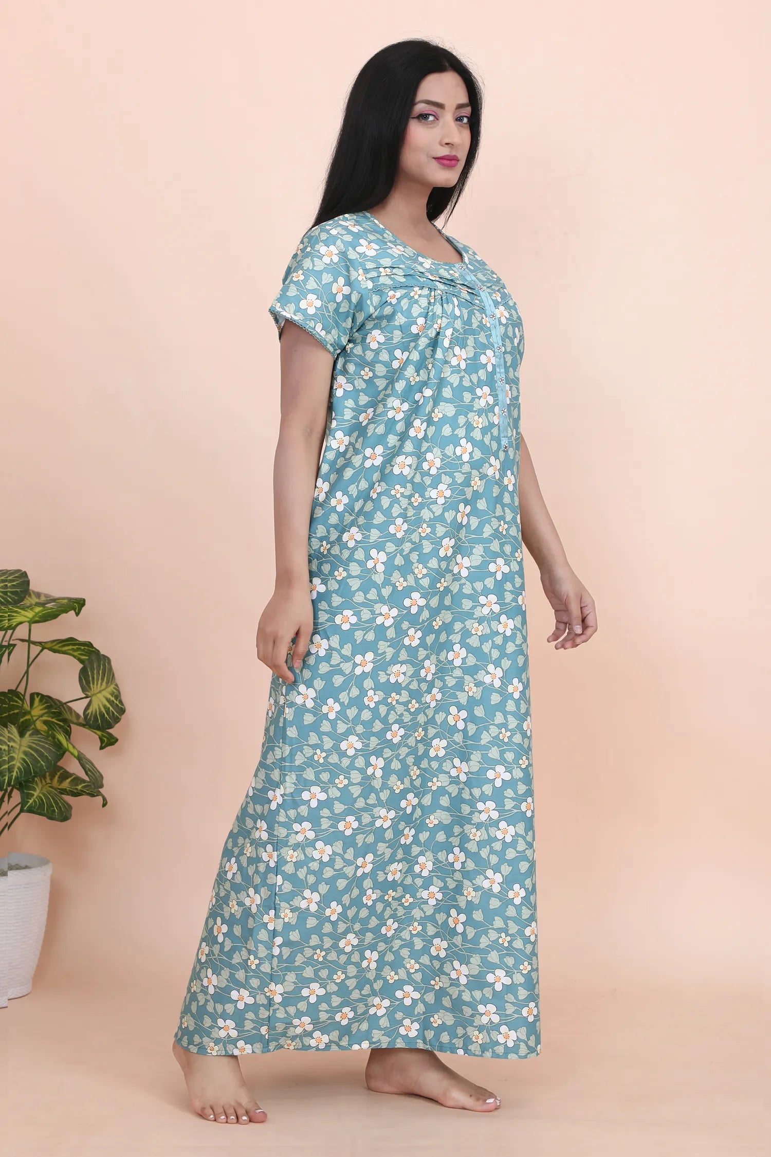 Velure Chic Green Floral Print Cotton Nighty