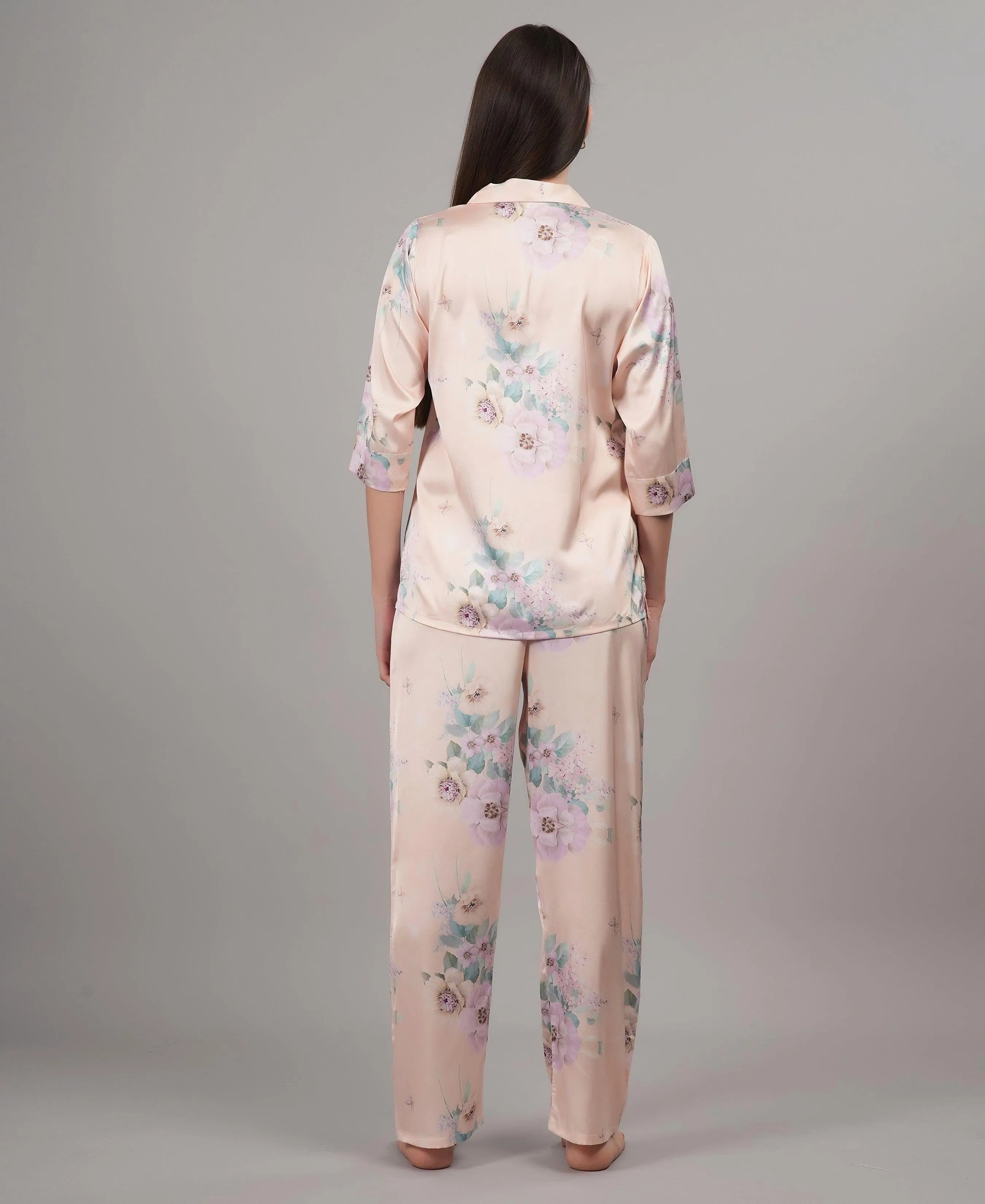 Velure Pleasant Floral Satin Print Night Suit - Velure, Shirt and Pant, Experience ultimate comfort with Velure's Pleasant Floral Print Satin Night Suit. Crafted from luxurious satin fabric, it showcases a stunning floral print and offers a full-sleeve shirt and full-length pants with an elastic waistband for optimal relaxation. Ideal for a peaceful night's rest or leisurely lounging.